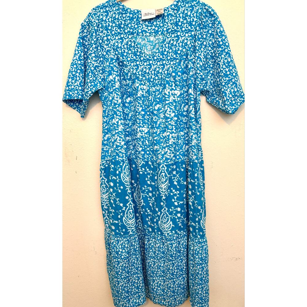 Vermont Country Store Blue Cotton Small House Dress Lounge Boho Muumuu